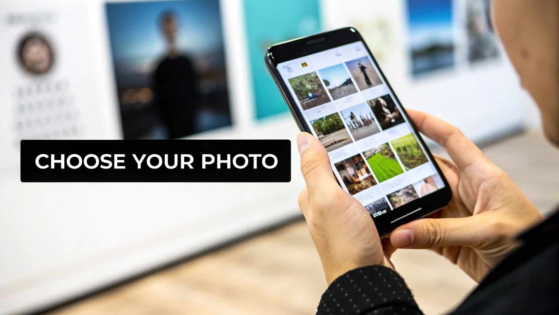 **Hand choosing avatar photo on smartphone.**
(6 words, includes "avatar" and "photo") **Hand choosing avatar photo on smartphone.**
(6 words, includes "avatar" and "photo")