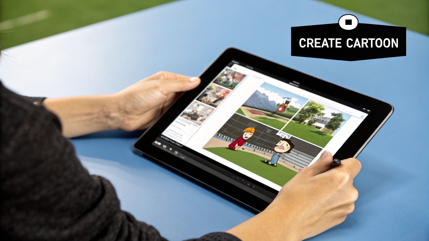 Tablet displaying cartoon photo app.