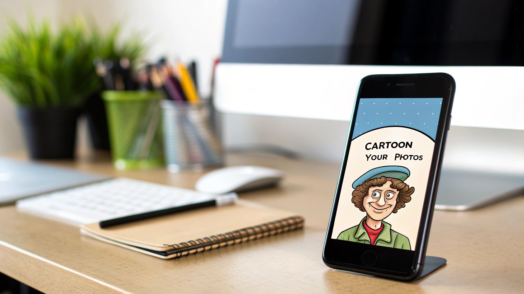 Phone showing cartoon photos app.
