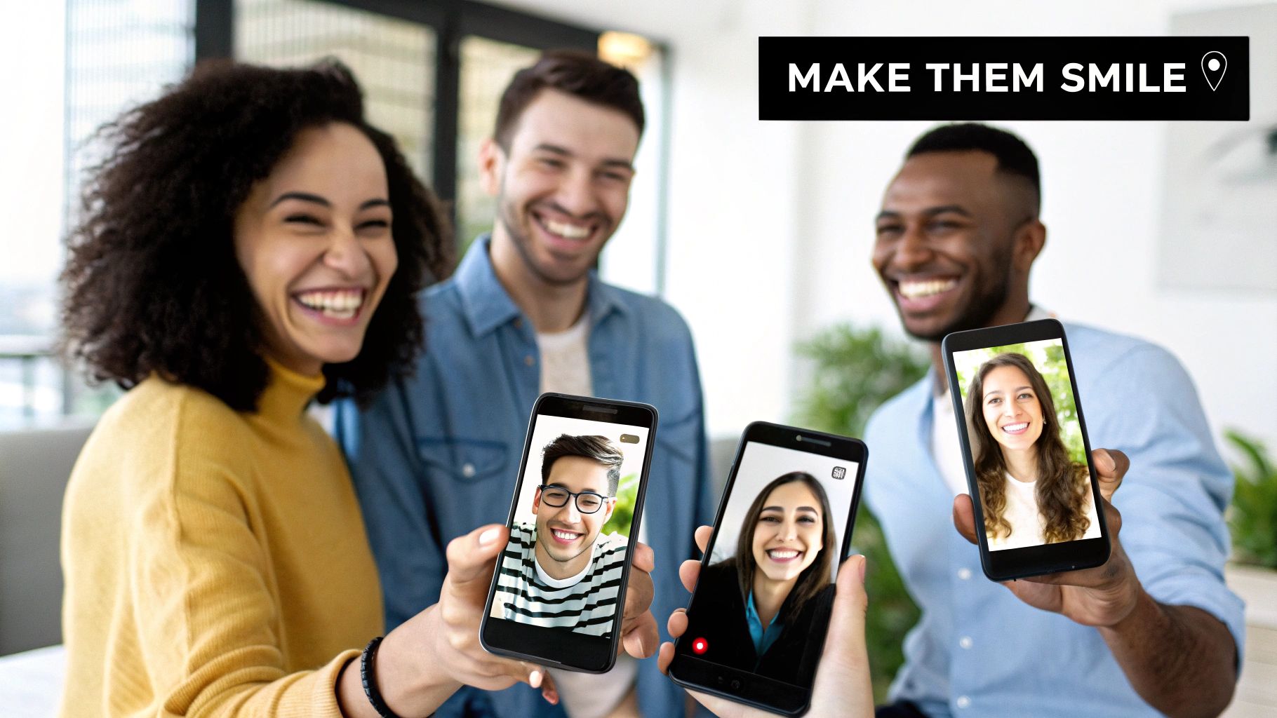 Laughing friends display funny profile pictures. Laughing friends display funny profile pictures.