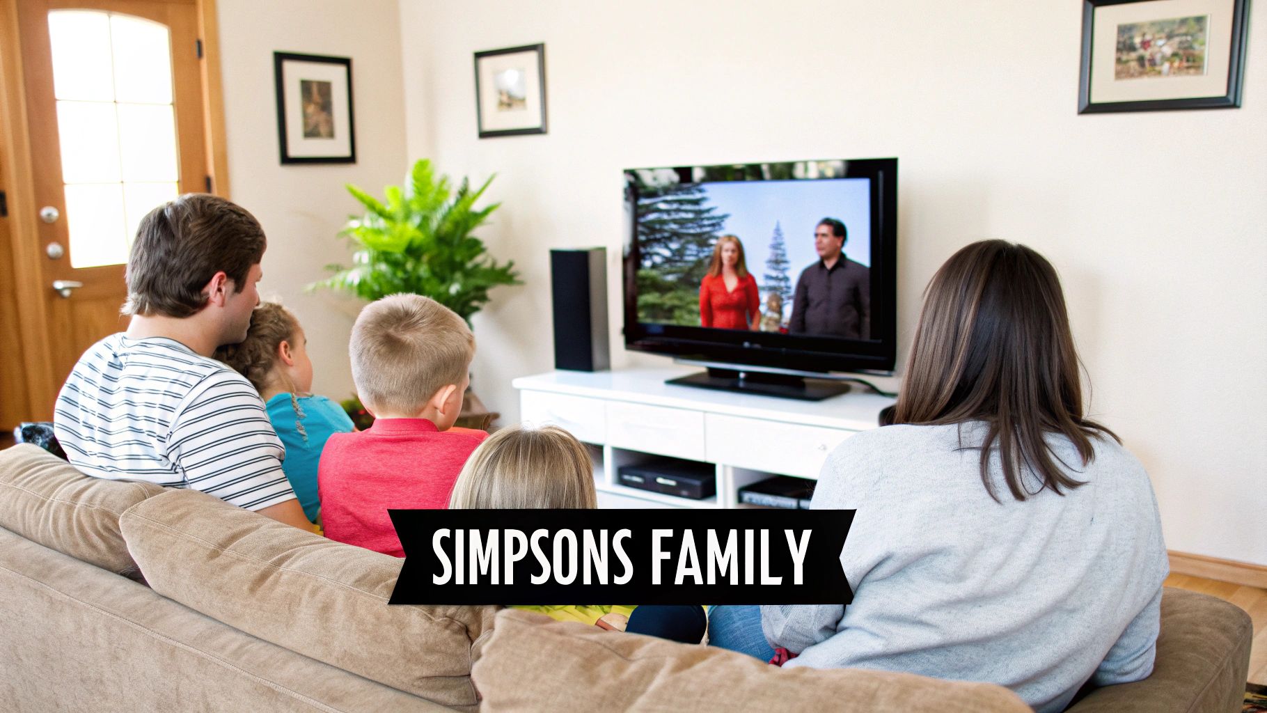 Family watching TV, "Simpsons Family" banner. Family watching TV, "Simpsons Family" banner.