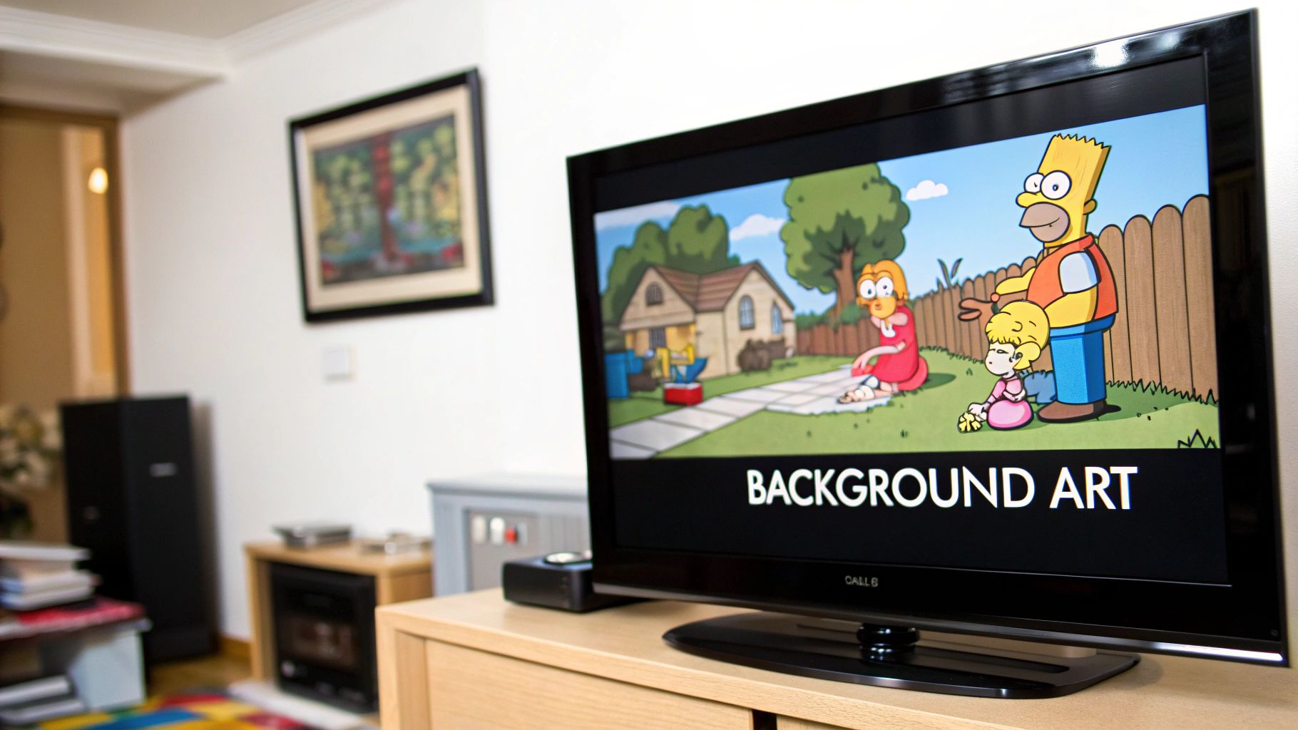 TV displaying Simpsons background art.