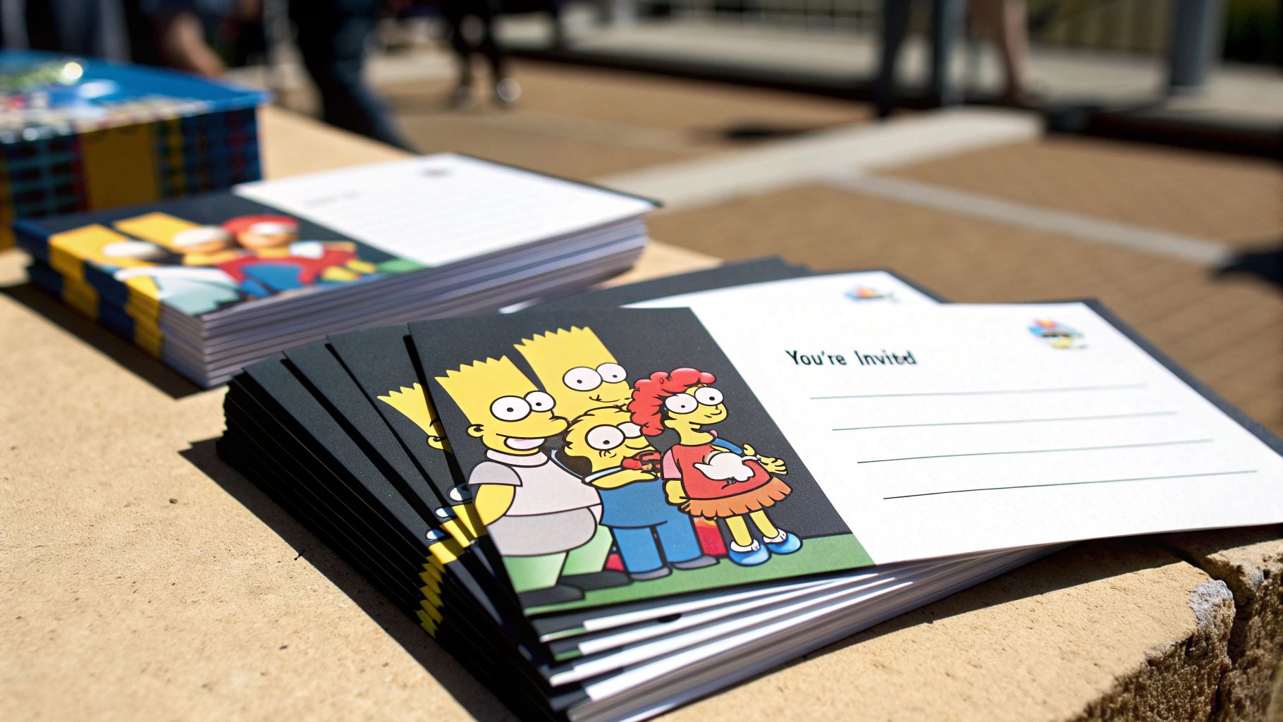 Stacked Simpsons themed party invitations.