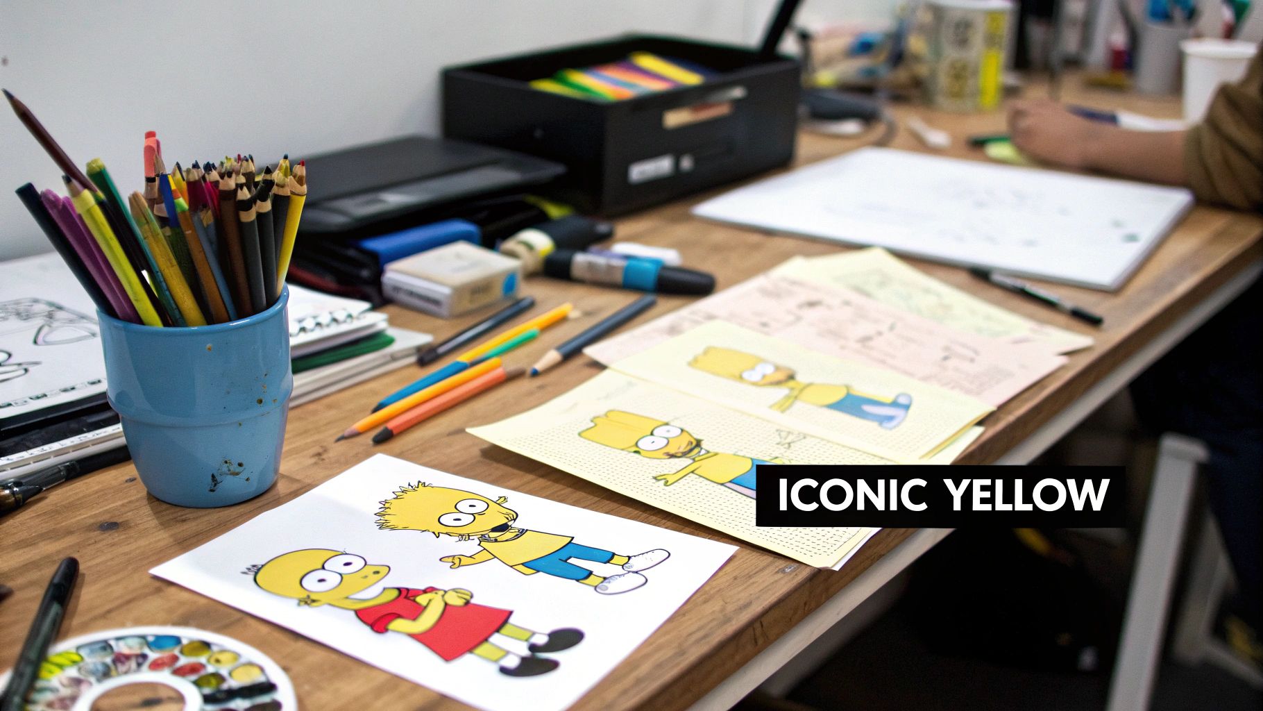 Artist's desk with yellow Simpsons drawings.