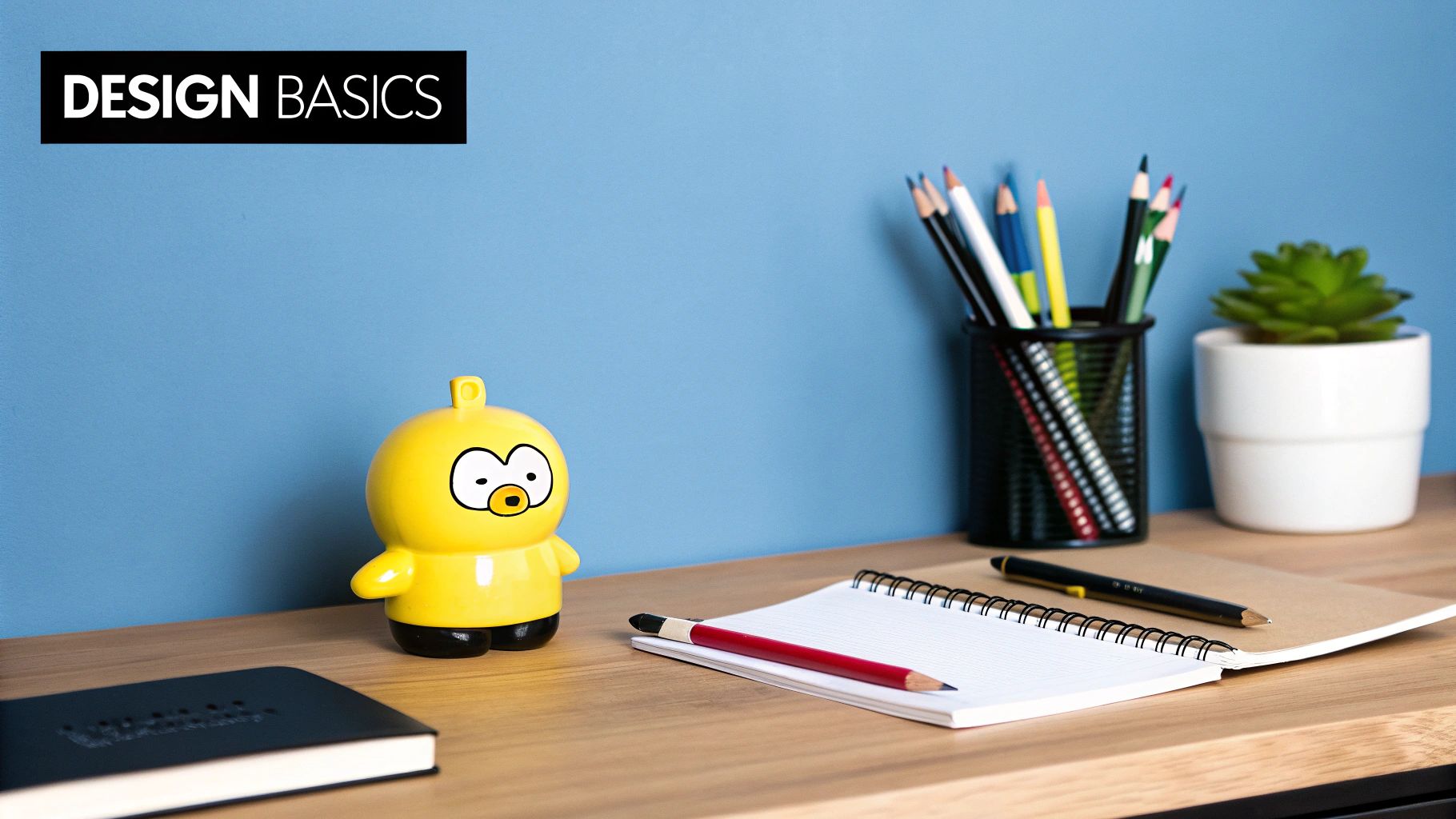 Yellow cartoon character on design desk.
