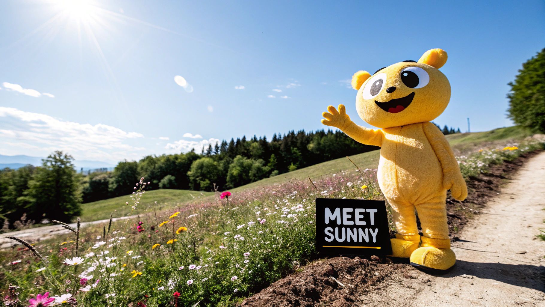 Yellow cartoon character Sunny waving.