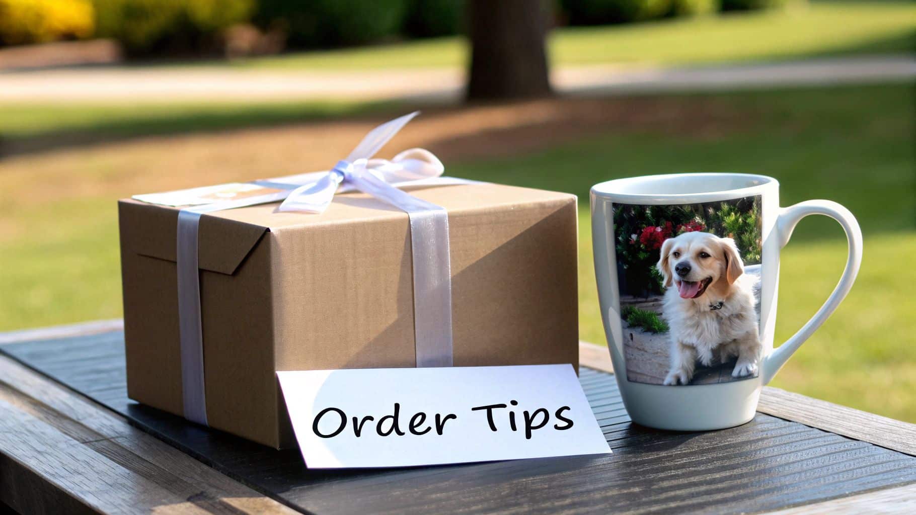A person wrapping a personalized pet owner gift with a red ribbon.